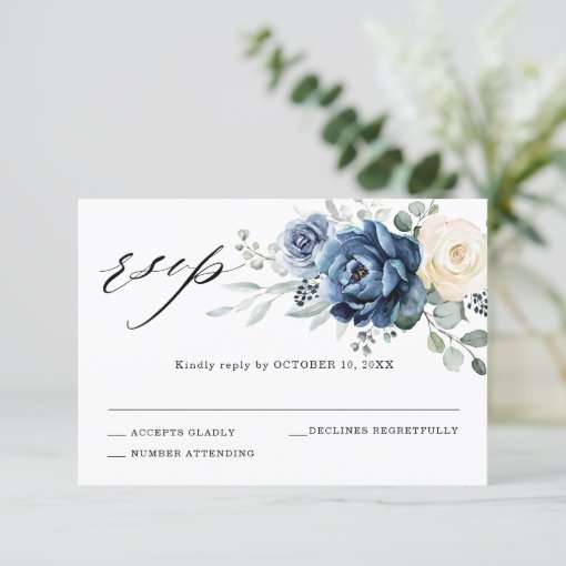 Dusty Blue Navy Champagne Ivory Floral Wedding RSVP Card | Zazzle