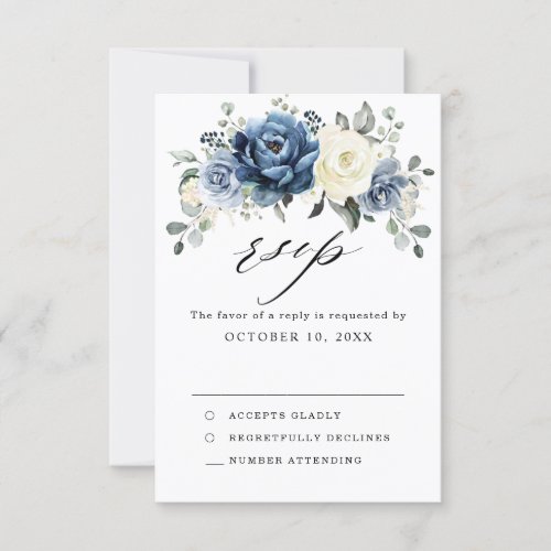 Dusty Blue Navy Champagne Ivory Floral Wedding RSVP Card