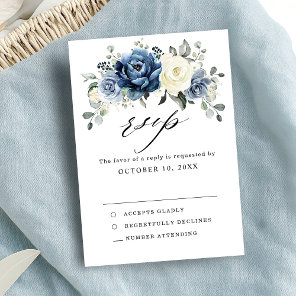 Dusty Blue Navy Champagne Ivory Floral Wedding RSVP Card
