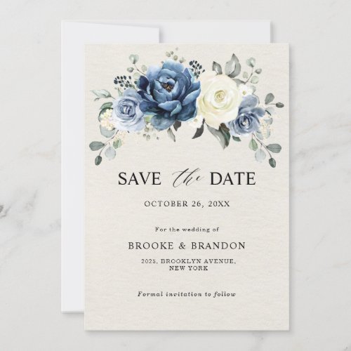 Dusty Blue Navy Champagne Ivory Floral Wedding Sav Save The Date