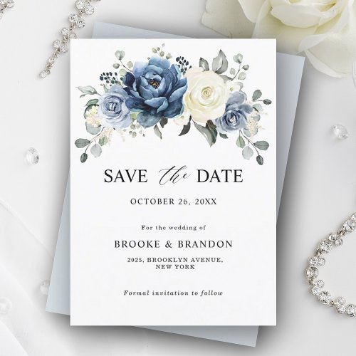 Dusty Blue Navy Champagne Ivory Floral Wedding Save The Date