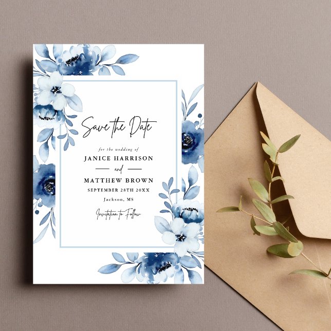 Dusty Blue Navy Champagne Ivory Floral Wedding Save The Date (Creator Uploaded)
