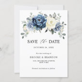 Dusty Blue Navy Champagne Ivory Floral Wedding Save The Date (Front)
