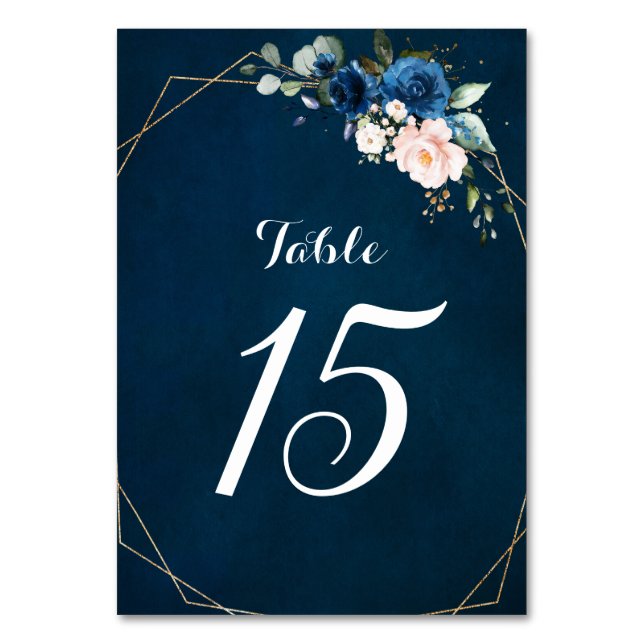 Dusty Blue Navy Champagne Ivory Floral Wedding Tab Table Number (Front)