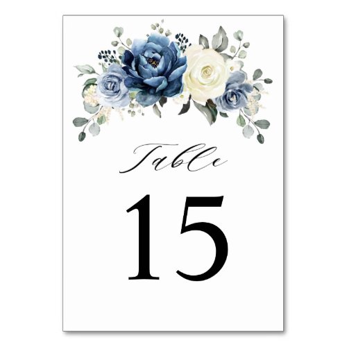 Dusty Blue Navy Champagne Ivory Floral Wedding Table Number