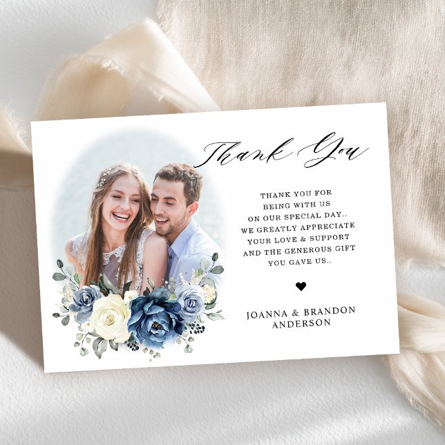 Dusty Blue Navy Champagne Ivory Floral Wedding Thank You Card (Dusty Blue Navy Champagne Ivory Floral Wedding Thank You Card)