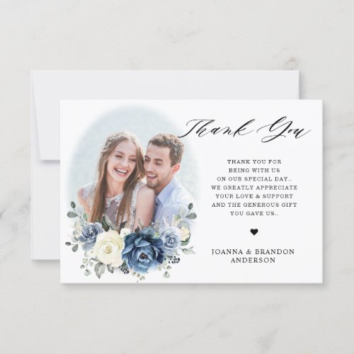 Dusty Blue Navy Champagne Ivory Floral Wedding Thank You Card