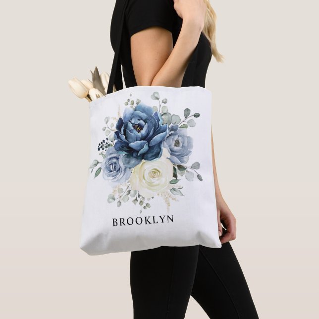 Dusty Blue Navy Champagne Ivory Floral Wedding Tot Tote Bag (Close Up)