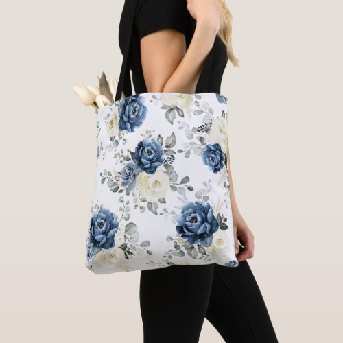 Dusty Blue Navy Champagne Ivory Floral Wedding Tot Tote Bag