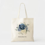 Dusty Blue Navy Champagne Ivory Floral Wedding Tote Bag<br><div class="desc">Dusty blue floral wedding bridesmaid gift totebag featuring elegant bouquet of navy blue, royal blue , white , gold, champagne ivory, blush color rose , ranunculus flower buds and sage green eucalyptus leaves and elegant watercolor bouquet. Please contact me for any help in customization or if you need any other...</div>