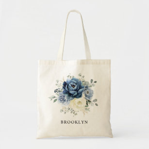 Dusty Blue Navy Champagne Ivory Floral Wedding Tote Bag