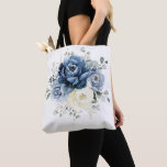 Dusty Blue Navy Champagne Ivory Floral Wedding Tote Bag<br><div class="desc">Dusty blue floral wedding bridesmaid gift bag featuring elegant bouquet of navy blue, royal blue , white , gold, champagne ivory, blush color rose , ranunculus flower buds and sage green eucalyptus leaves and elegant watercolor bouquet. Please contact me for any help in customization or if you need any other...</div>