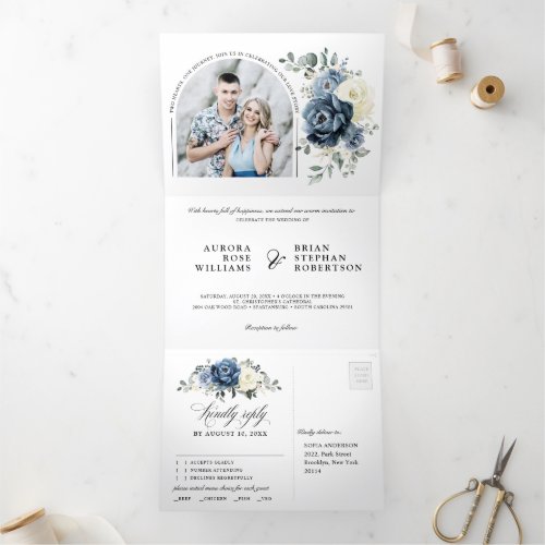 Dusty Blue Navy Champagne Ivory Floral Wedding Tri_Fold Announcement