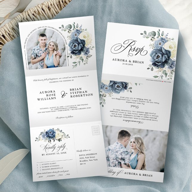 Dusty Blue Navy Champagne Ivory Floral Wedding Tri-Fold Announcement (Dusty Blue Navy Champagne Ivory Floral Wedding Tri-Fold Announcement)