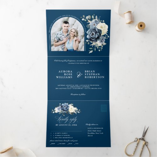 Dusty Blue Navy Champagne Ivory Floral Wedding Tri_Fold Announcement