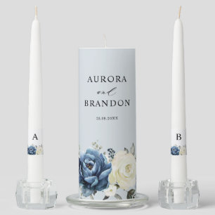 Dusty Blue Navy Champagne Ivory Floral Wedding Uni Unity Candle Set