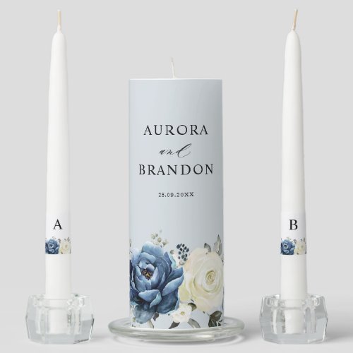 Dusty Blue Navy Champagne Ivory Floral Wedding Uni Unity Candle Set
