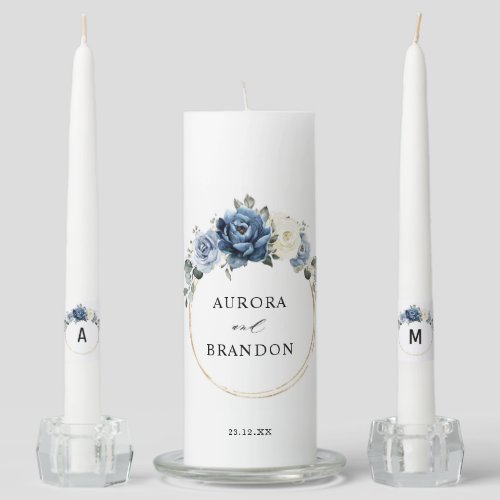 Dusty Blue Navy Champagne Ivory Floral Wedding Unity Candle Set