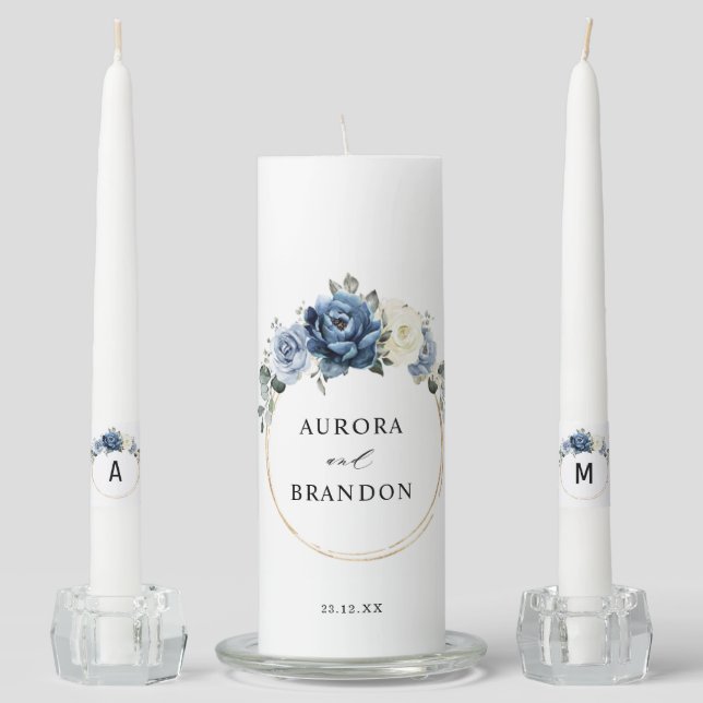 Dusty Blue Navy Champagne Ivory Floral Wedding Unity Candle Set (Front)