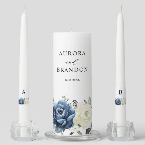 Dusty Blue Navy Champagne Ivory Floral Wedding Unity Candle Set