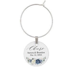 Dusty Blue Navy Champagne Ivory Floral Wedding Wine Charm