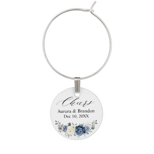 Dusty Blue Navy Champagne Ivory Floral Wedding Wine Charm