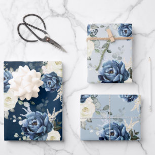 Dusty Blue Navy Champagne Ivory Floral Wedding Wra Wrapping Paper Sheets