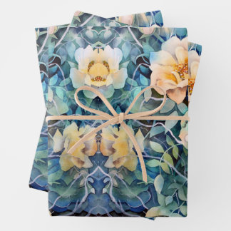 Dusty Blue Navy Champagne Ivory Floral Wedding Wrapping Paper Sheets