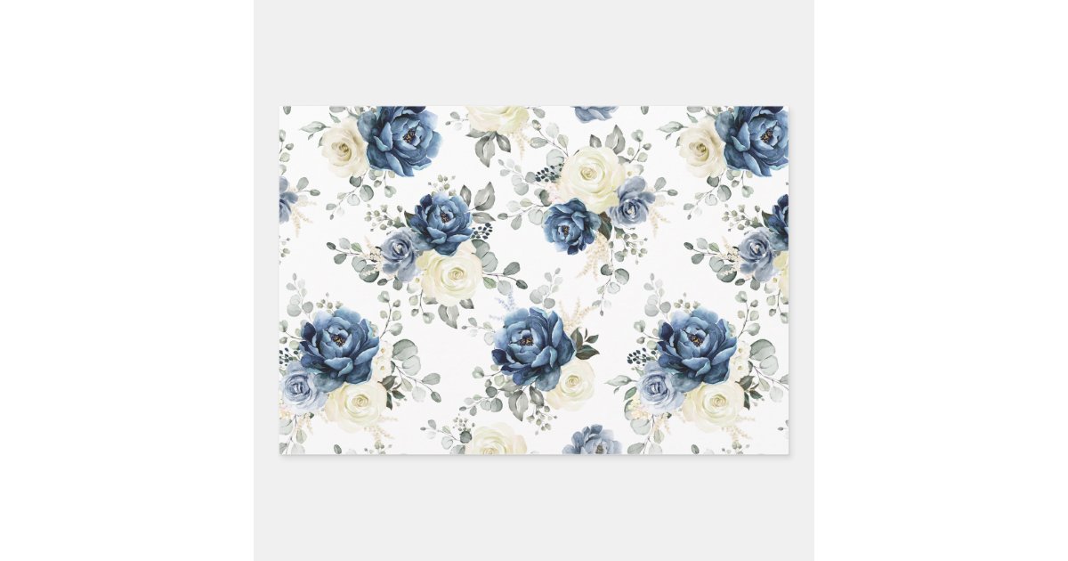 Dusty Blue Navy Champagne Ivory Floral Wedding Wrapping Paper Sheets ...