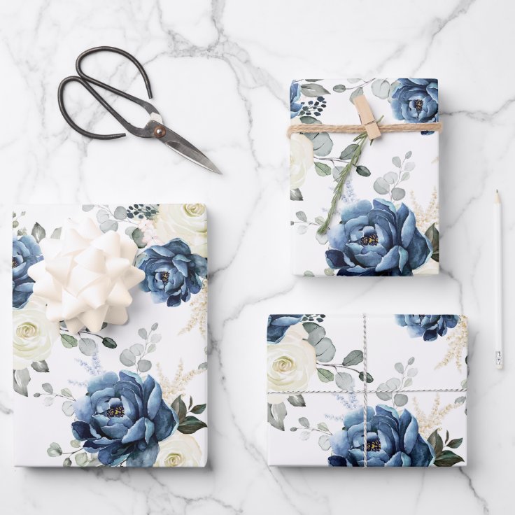 Dusty Blue Navy Champagne Ivory Floral Wedding Wrapping Paper Sheets ...