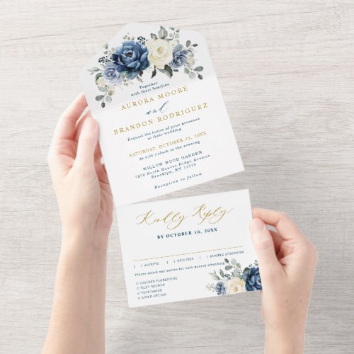 Dusty Blue Navy Champagne Ivory gold Wedding       All In One Invitation