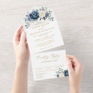 Dusty Blue Navy Champagne Ivory gold Wedding All In One Invitation