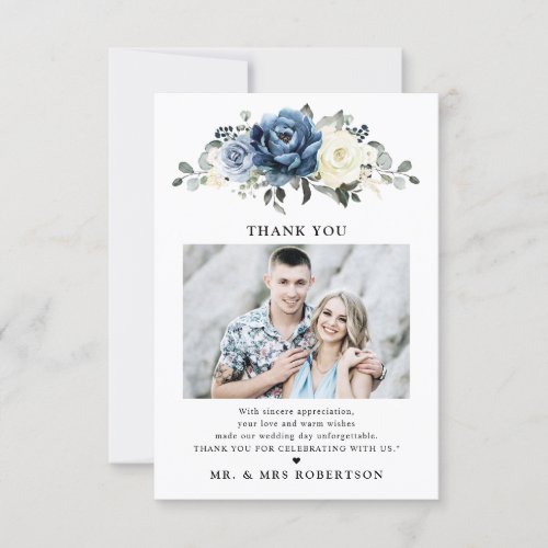 Dusty Blue Navy Champagne Ivory Photo wedding Thank You Card