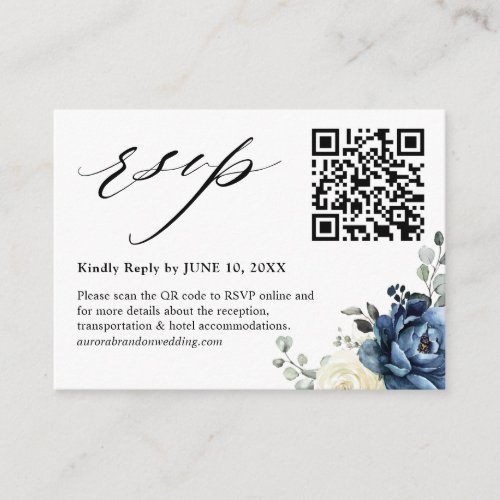 Dusty Blue Navy Champagne Ivory QR code RSVP Enclosure Card
