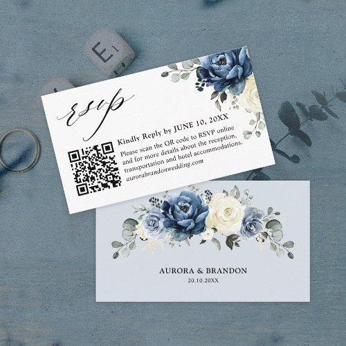 Dusty Blue Navy Champagne Ivory QR code RSVP Enclosure Card