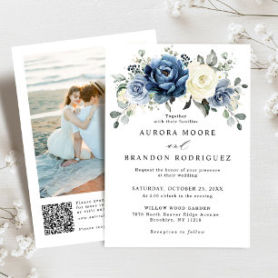 Dusty Blue Navy Champagne Ivory QR Code Wedding Invitation