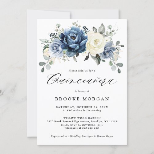 Dusty Blue Navy Champagne Ivory Quinceaera Invitation