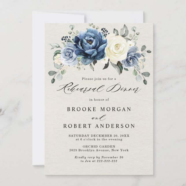 Dusty Blue Navy Champagne Ivory Rehearsal Dinner I Invitation (Front)