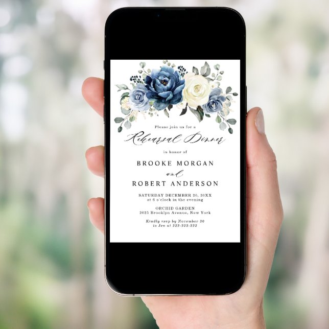 Dusty Blue Navy Champagne Ivory Rehearsal Dinner Invitation (Front Digital)