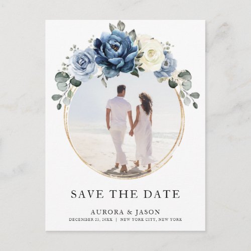 Dusty Blue Navy Champagne Ivory Save the Date Announcement Postcard