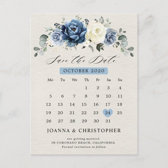 Dusty Blue Navy Champagne Ivory Save the Date Post Postcard (Front)