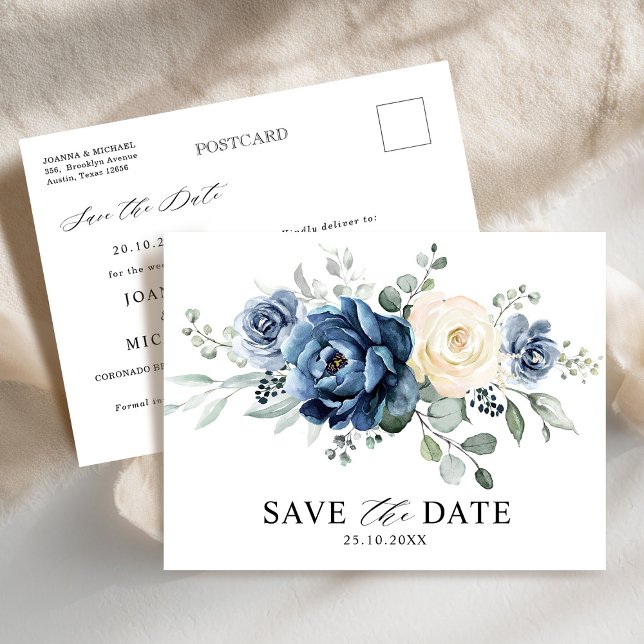 Dusty Blue Navy Champagne Ivory Save the Date Postcard (Dusty Blue Navy Champagne Ivory Save the Date Postcard)