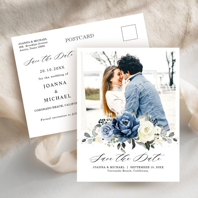 Dusty Blue Navy Champagne Ivory Save the Date Postcard (Dusty Blue Navy Champagne Ivory Save the Date Postcard)