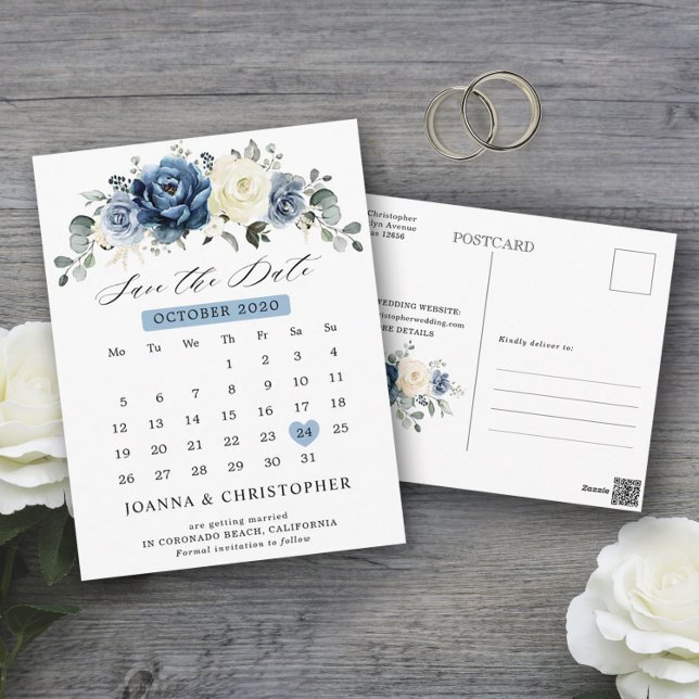 Dusty Blue Navy Champagne Ivory Save the Date Postcard