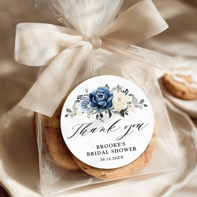 Dusty Blue Navy Champagne Ivory Thank you Classic  Round Sticker (Dusty Blue Navy Champagne Ivory Bridal shower Thank you Classic Classic Round Sticker)