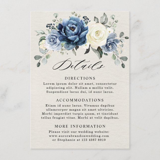 Dusty Blue Navy Champagne Ivory Wedding Details En Enclosure Card (Front)