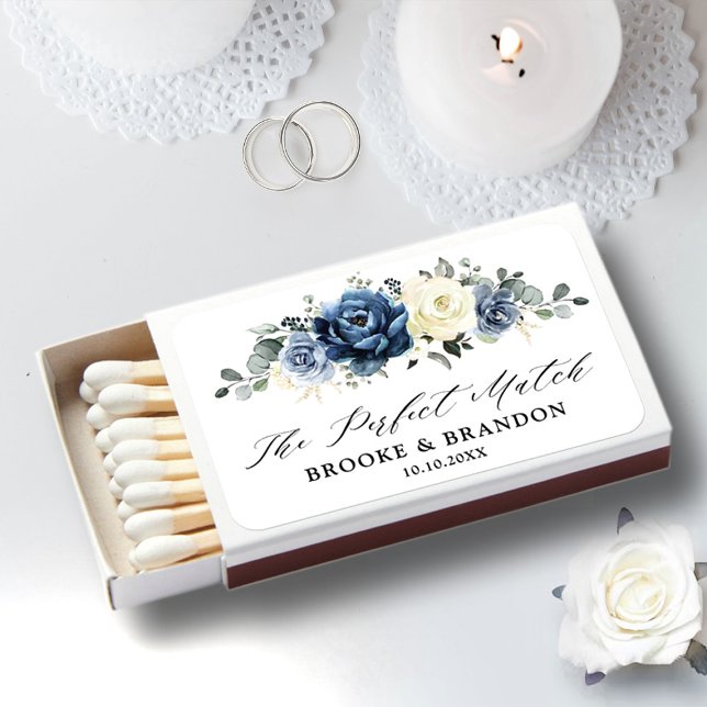 Dusty Blue Navy Champagne Ivory Wedding Favor Matchboxes (Dusty blue ivory custom  wedding matchbox)