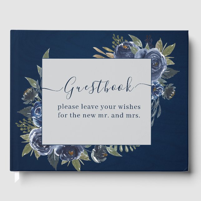 Dusty Blue Navy Champagne Ivory Wedding  Guest Book (Front)