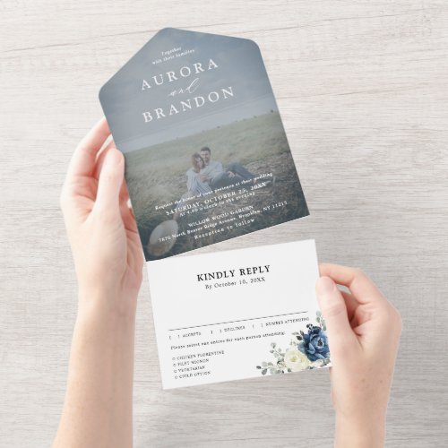 Dusty Blue Navy Champagne Ivory Wedding Photo      All In One Invitation