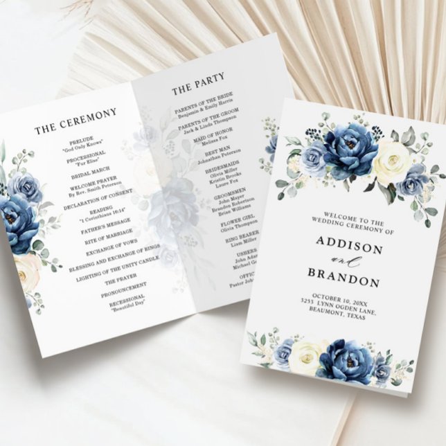 Dusty Blue Navy Champagne Ivory Wedding Program (Dusty Blue Navy Champagne Ivory folded budget Wedding Program
)